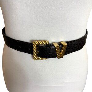 Retro 80s Black Faux Croc Belt Womens S Gold Textured V Buckle VTG Gary Gail